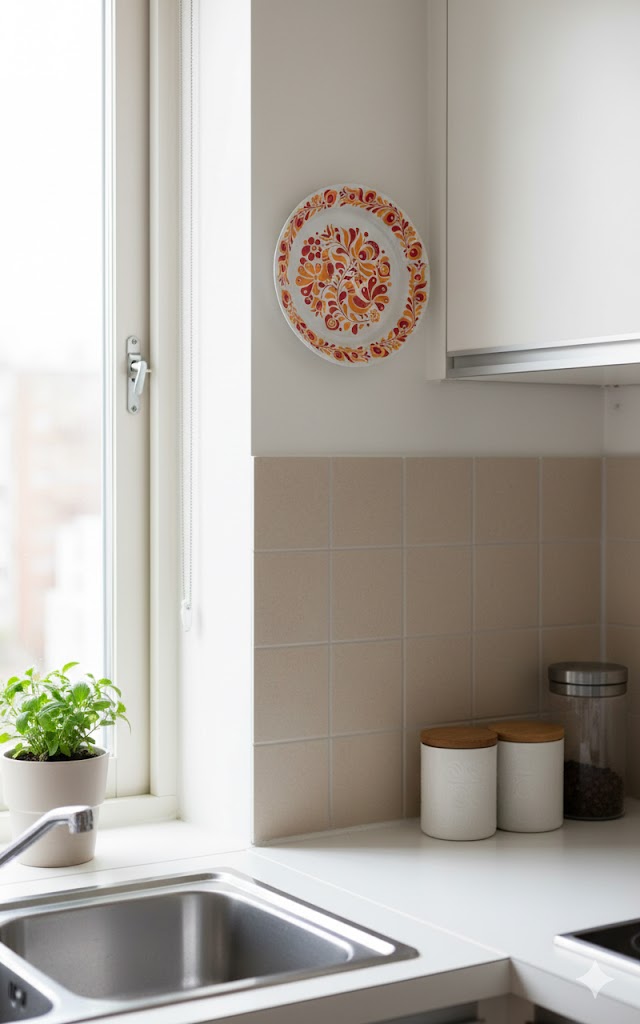Pirosmintás Alföldi porcelán a konyhafalon