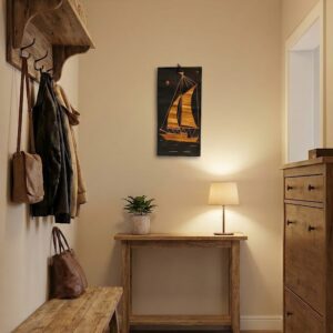 Retro bambusz intarziás falikép – Vitorlás a naplementében (10 × 20 cm) – Vintage fali dekoráció