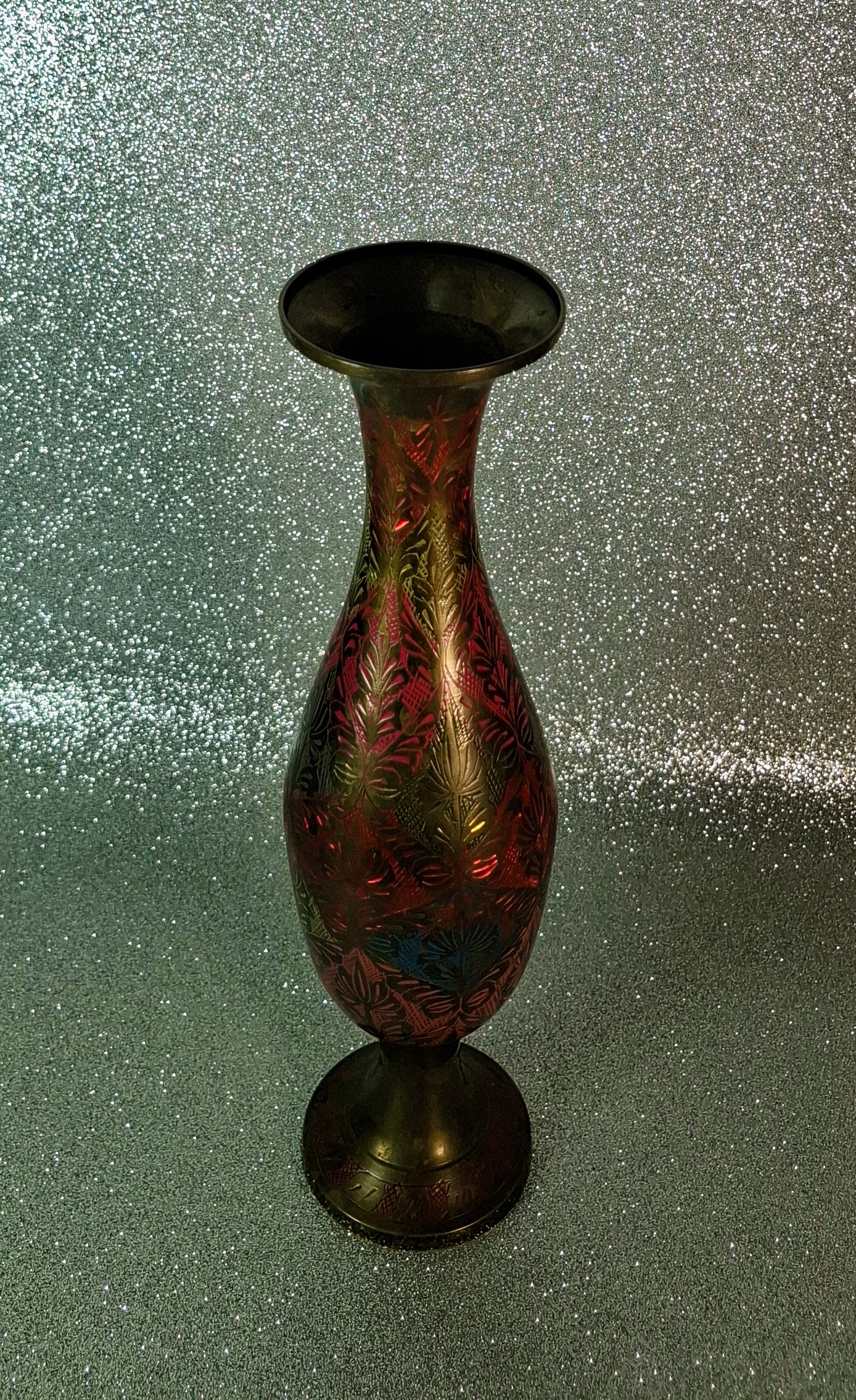 Vintage indiai réz szálváza (28 cm) – Kézzel gravírozott és zománcozott – Boho dekoráció - Image 5