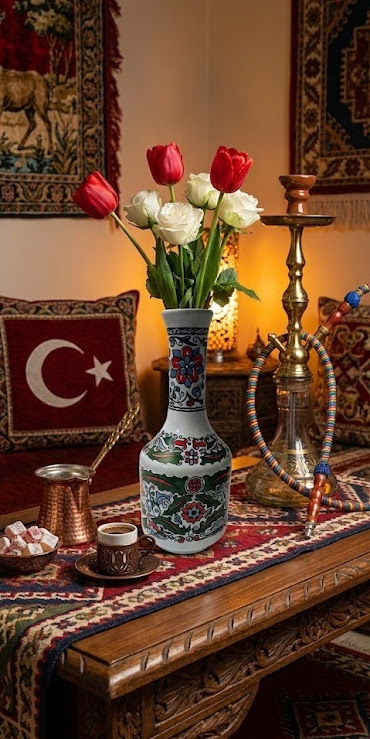 Török váza egy török enteriőrben egy csokor virággal