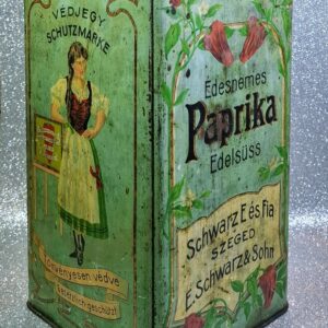 Antik „Schwarz E. és Fia” szegedi paprikás bádogdoboz – óriás méretű bolti relikvia (kb. 1910)
