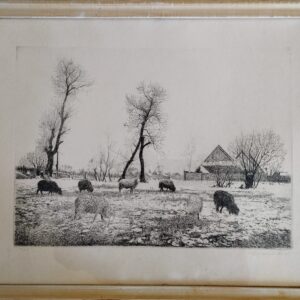 Dudás Jenő (1900–1991): „Tél” – Bárányok a hóban (Rézkarc)