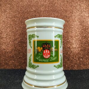 Jelzett lengyel porcelán söröskorsó – Zywiec sörgyár 135. évfordulós emlékkiadás, 15 cm