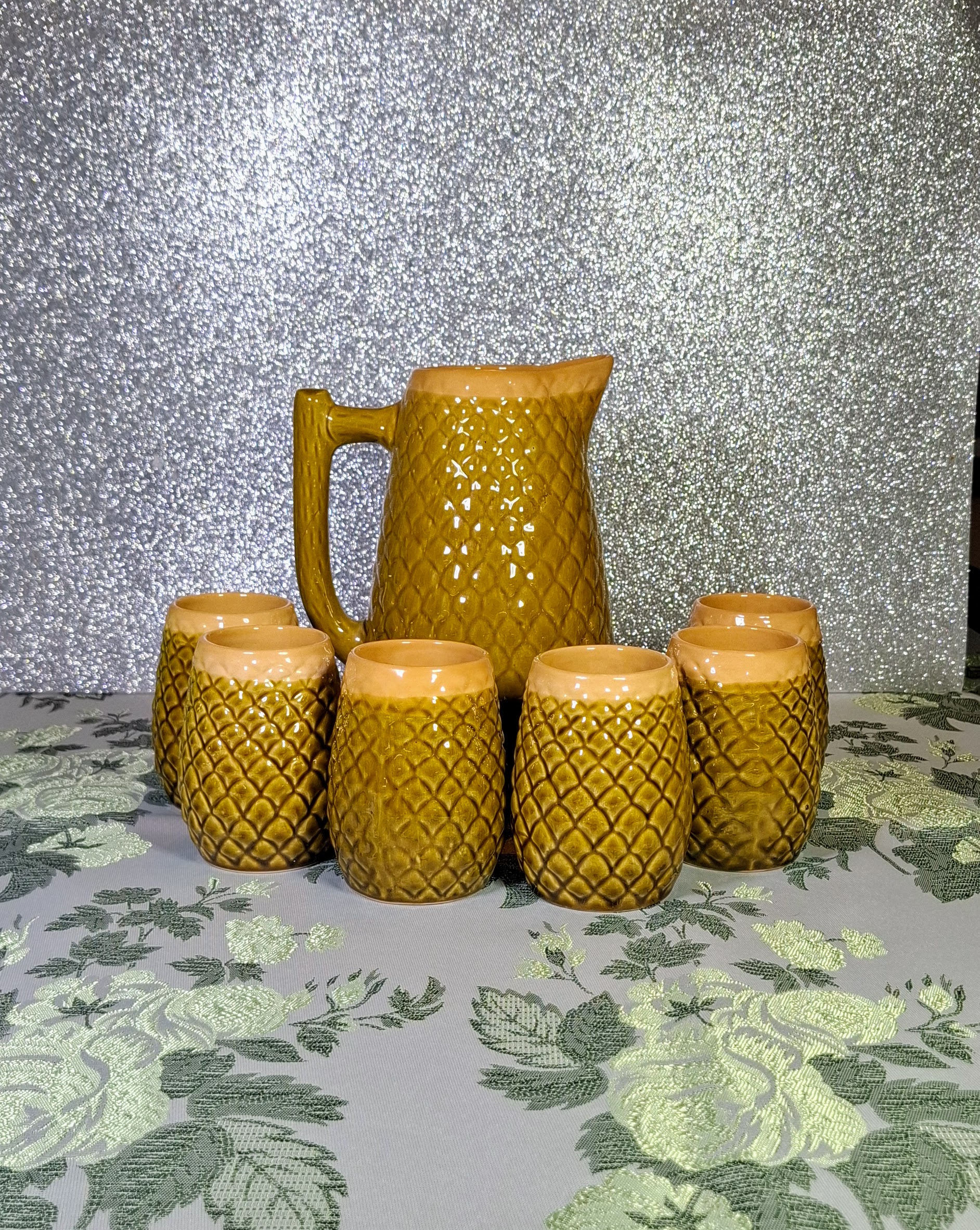 Retro ananászmintás kerámia italos készlet – kancsó és 6 pohár (1960–70-es évek) - Image 6
