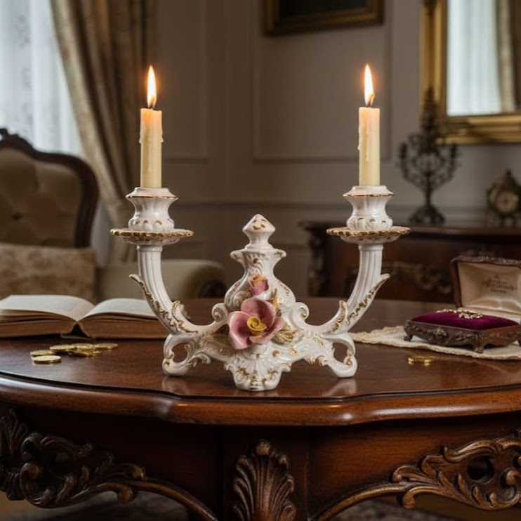 Barokk porcelán gyertyatartó két gyertyával a nappali asztalán