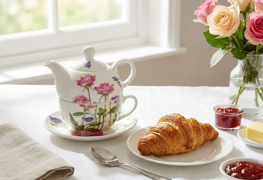 „Tea for One” 3 részes készlet a reggeliző asztalon.
