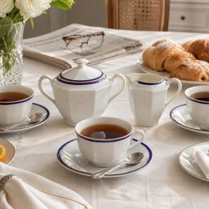 Art Deco Drasche porcelán teáskészlet – kobaltkék és arany szegélyes vintage garnitúra a ’30-as évekből