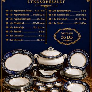Zsolnay Pompadúr II. 56 darabos 12 személyes étkészlet – kobaltkék aranyozott nagypolgári luxus