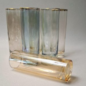 Retro színes aranyszegélyes csőpohár készlet – 6 db koktélos üveg a 70-es évekből