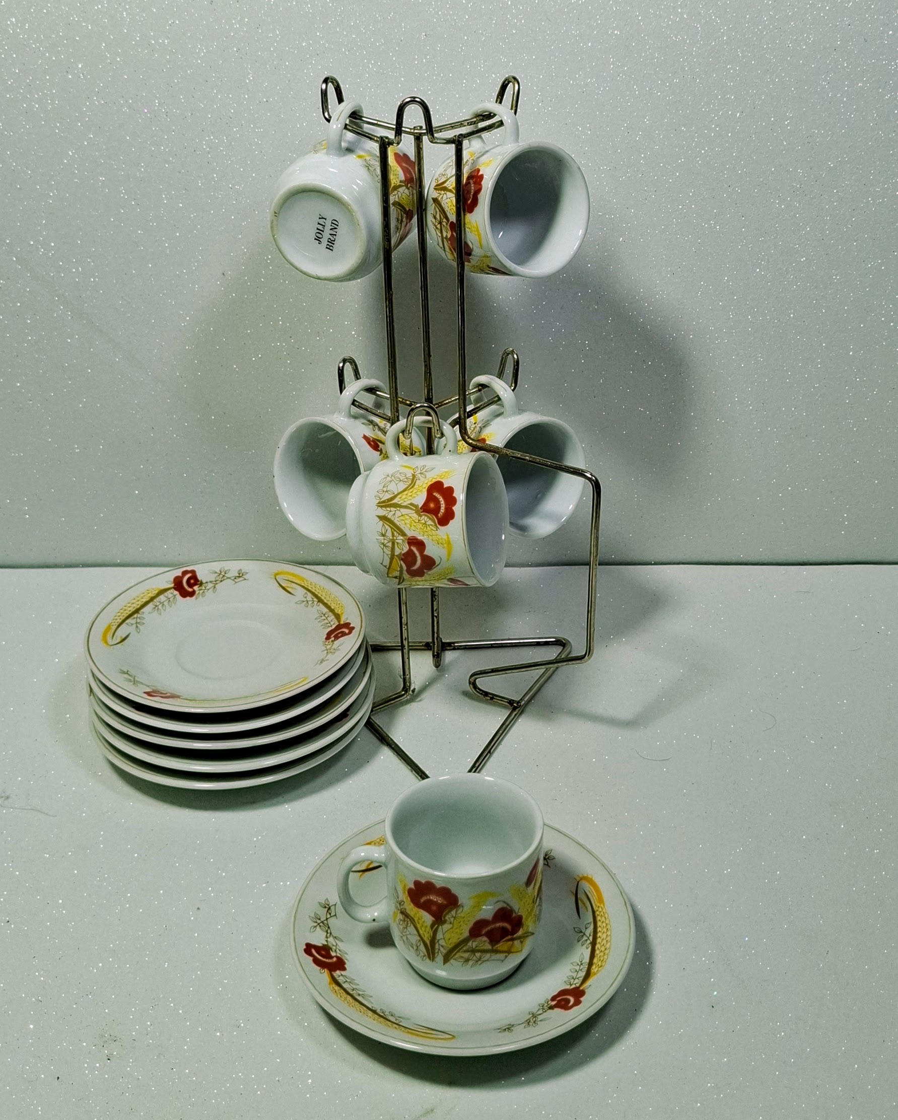Jolly Brand retro eszpresszó készlet állvánnyal – 6 személyes porcelán mokkás szett - Image 4