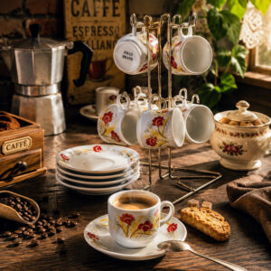 Jolly Brand retro eszpresszó készlet állvánnyal – 6 személyes porcelán mokkás szett