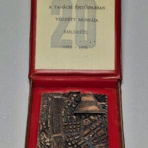 Bronz emlékplakett – „20 éves a fővárosi tanácsi építőipar 1950–1970” – eredeti díszdobozban