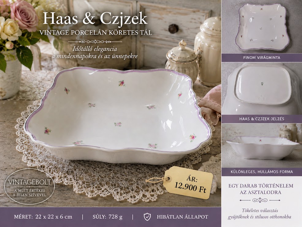 Haas & Czjzek vintage porcelán köretes tál – romantikus virágmintás, 22 cm