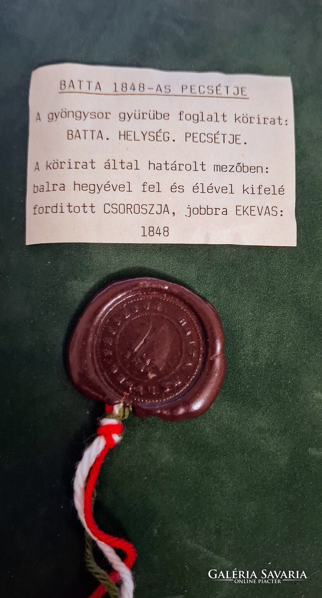 Batta 1848-as települési pecsétjének gyűjtői viaszlenyomata - Image 2