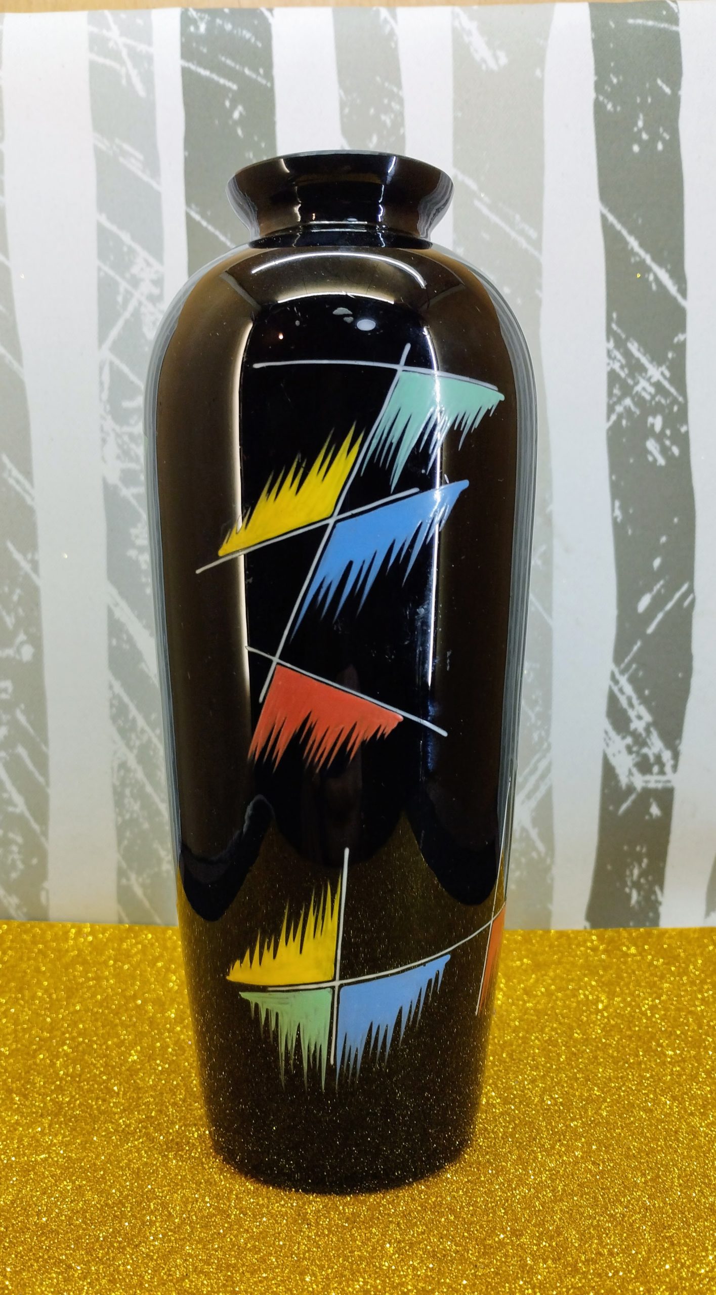 VEB Kunstglas Arnstadt kézzel festett fekete üvegváza – NDK, 1960-as évek - Image 7