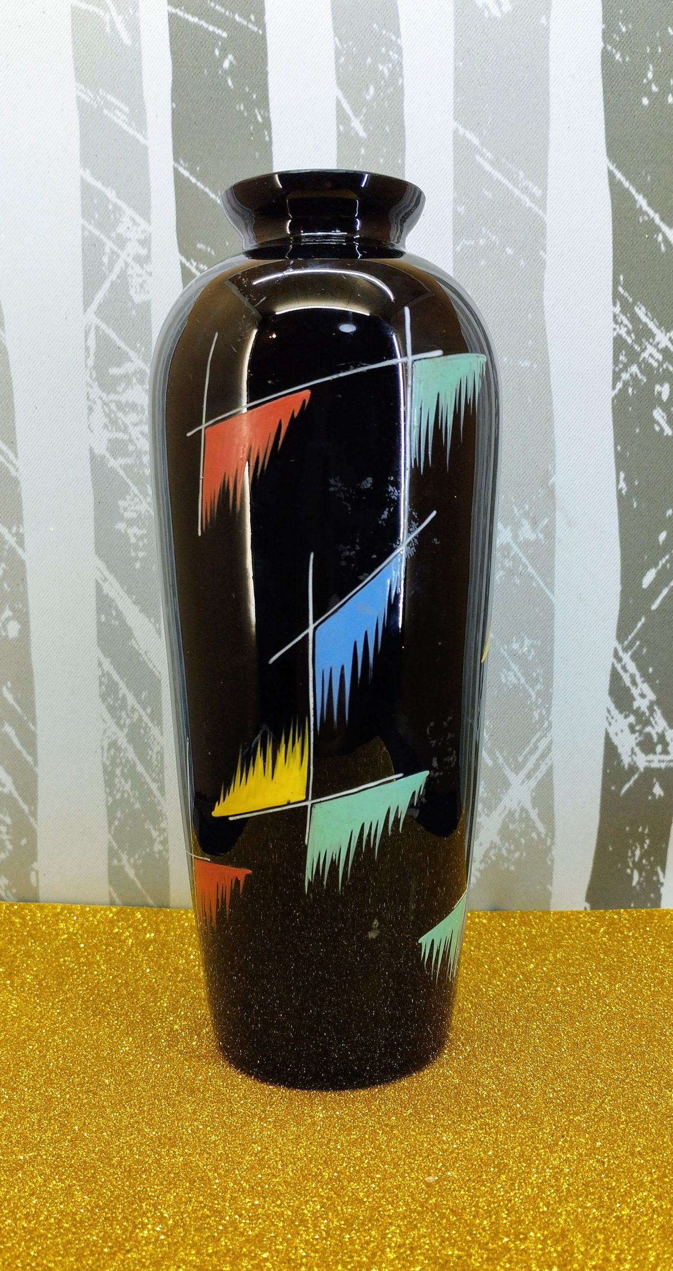 VEB Kunstglas Arnstadt kézzel festett fekete üvegváza – NDK, 1960-as évek - Image 5