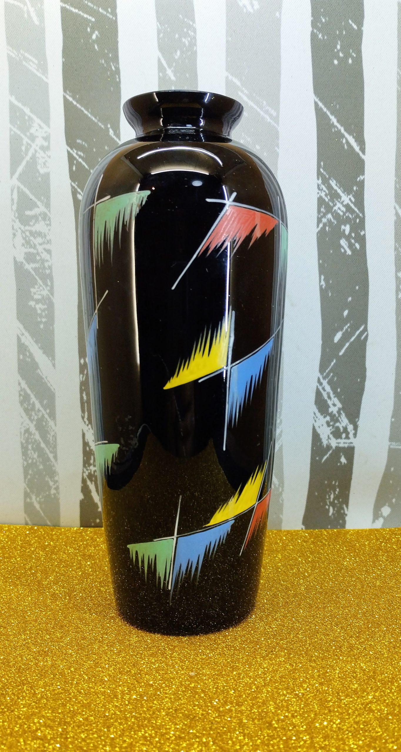 VEB Kunstglas Arnstadt kézzel festett fekete üvegváza – NDK, 1960-as évek - Image 4