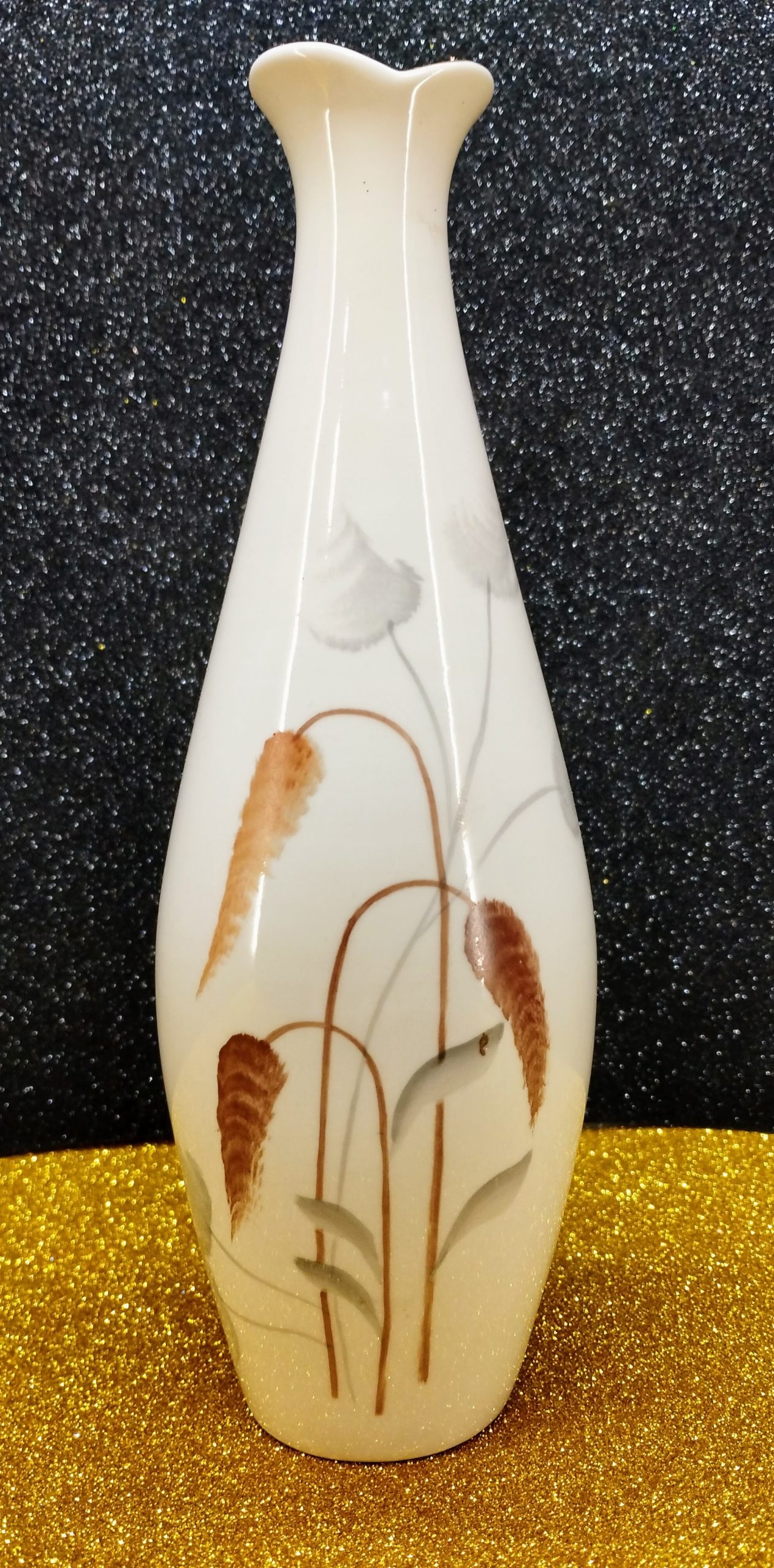Aquincum kézzel festett porcelán váza – nádas dekor, aranyszegély - Image 4
