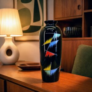 VEB Kunstglas Arnstadt kézzel festett fekete üvegváza – NDK, 1960-as évek