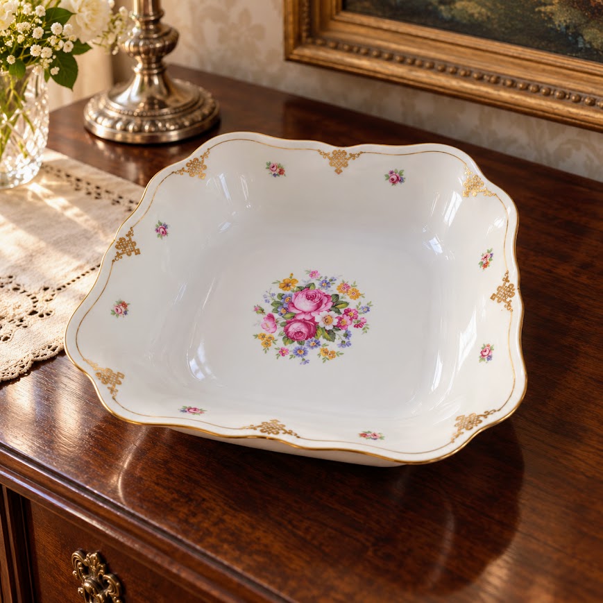 Antik Haas & Czjzek porcelán kínálótál – virágos, aranyozott, 1918–1938
